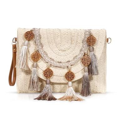 Imagem de QTKJ Bolsas transversais para mulheres, bolsas de mão, bolsa de praia de palha, bolsa de tecido boêmio feito à mão, bolsas de borla para mulheres férias, viagens (bege), Bege