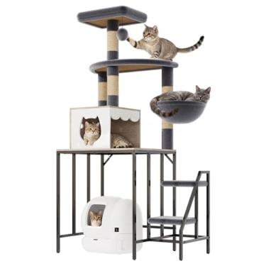 Imagem de HavenlyYouth Árvore grande para gatos com plataforma de vários níveis, torre para gatos com arranhadores de sisal para escalada, condomínio e rede de pelúcia para aconchegante, casa cinza claro estilo