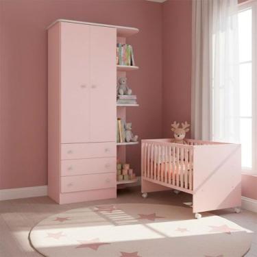 Imagem de Quarto Bebe Infantil Doce Sonho Berço Reto Rodizio e Guarda Roupas 2 P