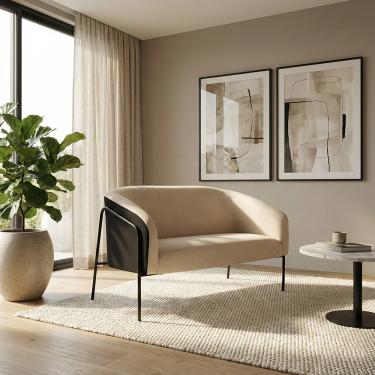 Imagem de Sofá Namoradeira Stella Industrial Alta Preta Sintético PU Preto Linho Bege D03 - D'Rossi