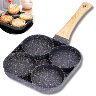Imagem de Frigideira Antiaderente Compacta com Divisórias Alumínio Resistente Panela Ovos Bacon Hambúrguer Cabo Emborrachado Madeira (4 Divisórias)
