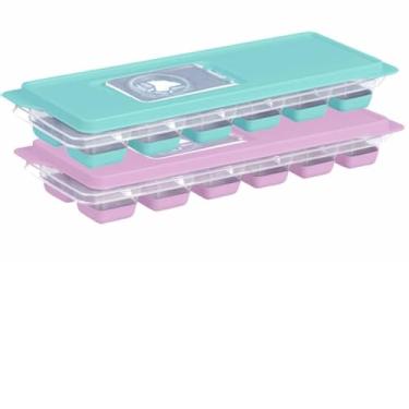 Imagem de Kit Com 2 Formas De Gelo Com Tampa e Fundo Silicone 12 Cubos Novidade (1 Verde e 1 Rosa)