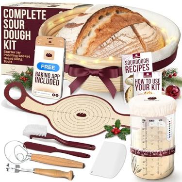 Imagem de Superbaking Kit inicial de massa fermentada, conjunto de cesta à prova de pão Banneton sem lascas de 23 cm com alça de silicone antiaderente e kit de pote de vidro para iniciantes, suprimentos para