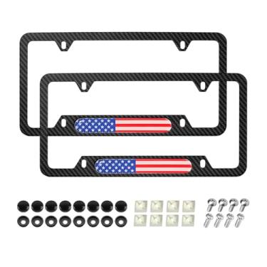Imagem de FALVFUN 2 peças de moldura de placa de carro bandeira americana, bandeira dos EUA, liga de alumínio com 4 furos, suporte de moldura de etiqueta de fibra de carbono, capa de placa de licença frontal
