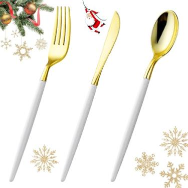 Imagem de Conjunto de talheres de plástico dourado, 120 peças, talheres descartáveis dourados resistentes com alça branca. Talheres embrulhados incluem 40garos, 40 facas, 40 colheres para casa, festas,