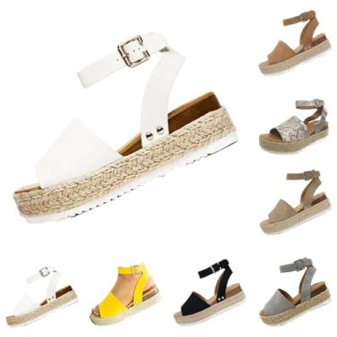 Imagem de DevilAngel Sandália feminina Topic Open Toe fivela tira no tornozelo alpargatas flatform sintético verão casual sandálias de salto alto, Branco, 38