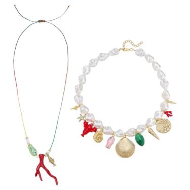 Imagem de PH PandaHall Colar de peixe coral gargantilha de pérola barroca boho praia havaiana joia costeira concha estrela do mar gargantilha temática oceano colares para mulheres e homens, joias de praia de