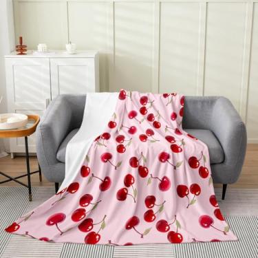 Imagem de Feelyou Cobertor de lã de cereja vermelha 101,6 cm x 127 cm cobertor de flanela infantil com estampa de cereja felpudo para sofá, sofá, meninos, meninas, adolescentes, frutas fofas, rosa opaco todas