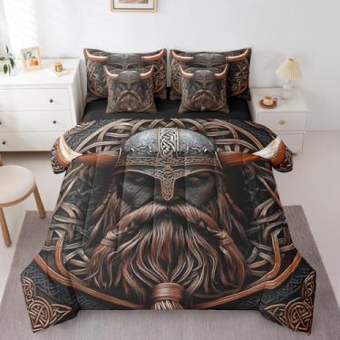 Imagem de Erosebridal Jogo de cama viking antigo guerreiro viking em uma bolsa nórdico viking para crianças, meninos, adolescentes, vintage, tribo exótica, conjunto de edredom Queen com 7 peças, aventura