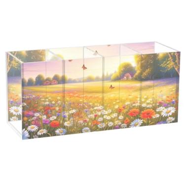 Imagem de TSENQUE Porta-lápis de acrílico personalizado com flores silvestres coloridas para mesa, organizador de artesanato, pincel de maquiagem, copo para decoração de escritório, acessórios de mesa