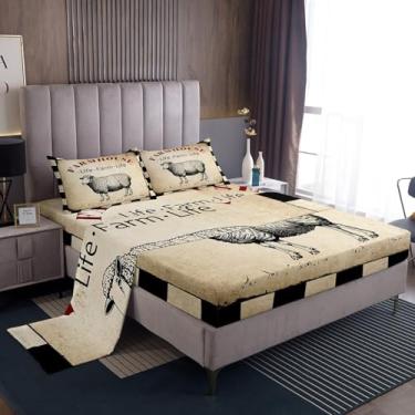 Imagem de Jogo de cama King com lençol de cima de ovelha, rústico, retrô, para decoração de quarto de crianças, meninos, meninas, microfibra vintage, bolso profundo, 4 peças, conjunto de lençol xadrez preto