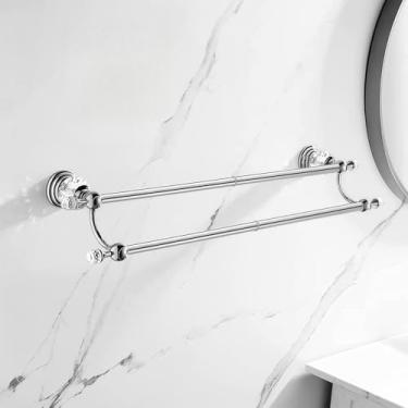 Imagem de Suporte de toalha de cristal cromado duplo ajustável barra de toalha dourada 35 a 63 cm, toalheiro para banheiro montado na parede