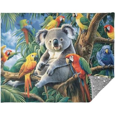Imagem de TSENQUE Cobertores de pelúcia tropicais personalizados coalas papagaios pássaros 177,8 cm x 139,7 cm presente de viagem cobertor de viagem verde