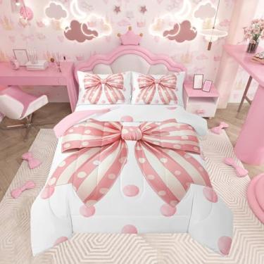 Imagem de Feelyou Jogo de cama casal com laço rosa, princesa sonhadora, decoração de quarto de meninos e meninas, edredom fofo com laço kawaii, conjunto de cama com laço feminino