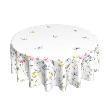 Imagem de Sunshineyan Toalha de mesa floral para primavera, 177 cm, redonda, verão, folha de flores silvestres, borboleta, toalhas de mesa de poliéster vintage, capa de mesa para decoração de Páscoa, férias