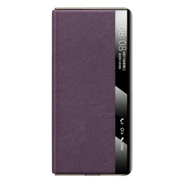 Imagem de POYUFRG Capa flip para Huawei Mate X7, capa galvanizada de couro legítimo de luxo fina com fecho magnético, capa de visualização inteligente, roxa, Mate X7