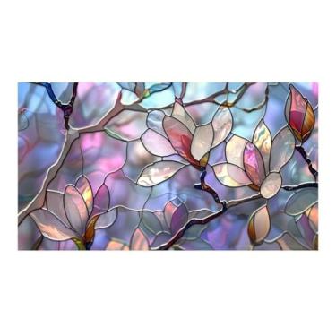 Imagem de JOONOR Película de teto solar retrô de magnólia, decalques de vitrais, película de privacidade floral colorida para carro, teto solar, sala de estar, decoração com bloqueio de sol, adesivos de PVC
