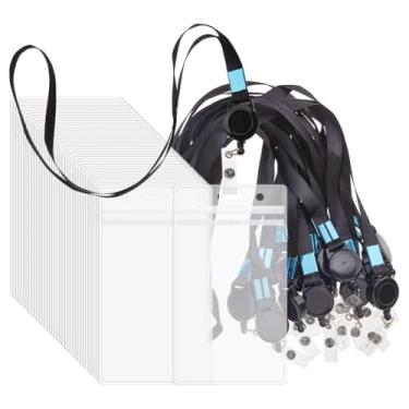 Imagem de SUPERFINDINGS 60 conjuntos de cordões com suporte para identidade, plástico transparente, porta-cartões de identificação horizontais, cordões pretos com carretel retrátil para crachá e cartão vertical