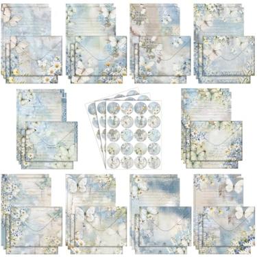 Imagem de TaoBary Conjunto de papel de papelaria com 160 peças, 50 papéis de papelaria dupla face com 50 envelopes correspondentes e 60 adesivos redondos, 10 designs (Serenity Junk, 21 x 14 cm)