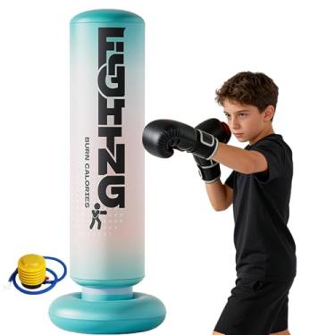 Imagem de Pilar de boxe inflável – Saco de pancadas para adultos e crianças, bolsa de boxe estável de 140 cm para adolescentes, design de inflação rápida, base cheia de água, válvula de enchimento fácil (azul)