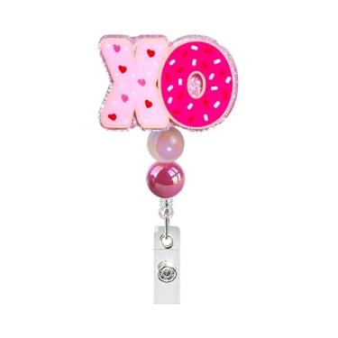 Imagem de Cute XO Carretel de crachá de Dia dos Namorados rosa corações do amor e donut crachá retrátil com contas brilhantes para enfermeira, médico, estudante de medicina, acessórios de trabalho