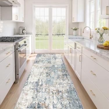 Imagem de Tapete de corredor antiderrapante: 3x10 corredor cozinha lavável abstrato macio moderno resistente a manchas interior piso neutro tapete para banheiro lavanderia entrada quarto - azul