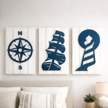 Imagem de Kit Decorativo Náutico em MDF Trio Veleiro para Quarto Sala Escritório