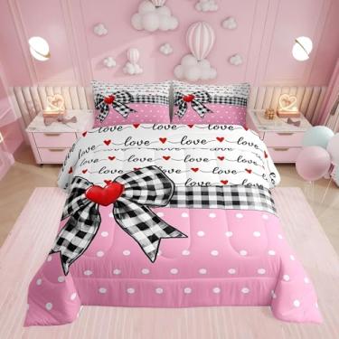 Imagem de Erosebridal Jogo de cama solteiro com laço para meninas e mulheres, conjunto de cama solteiro em formato de coração para namorada, estilo princesa sonhadora, buffalo, xadrez, bolinhas, geométrico,