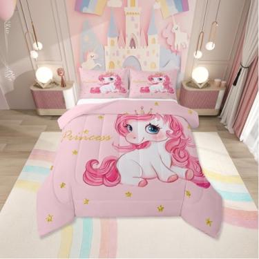 Imagem de Erosebridal Jogo de cama de solteiro de unicórnio rosa para meninas, conjunto de cama kawaii, princesa, unicórnio, estrelas fofas, reversível, conjunto de cama de cavalo de desenho feminino, edredom