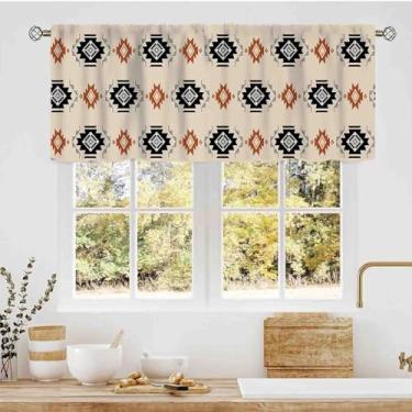 Imagem de Cortinas de saia asteca, boho abstrato tribal padrão geométrico étnico sudoeste rústico ocidental marrom preto pequenas cortinas de janela para cozinha, café, sala de estar, quarto, armário, banheiro