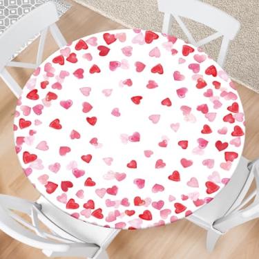 Imagem de Kamoor Toalha de mesa redonda para dia dos namorados com corações elásticos vermelhos e rosa toalha de mesa à prova d'água para decoração de piquenique e jantares serve para mesas redondas de 91 a 101