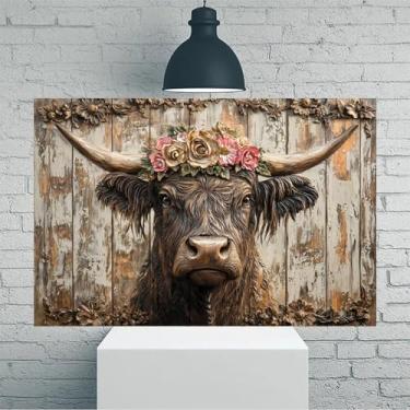 Imagem de Arte de parede em tela rústica vintage de vaca Highland floral - Pôster sem moldura de 20 x 30 cm - Decoração de casa e escritório para sala de estar, quarto, cozinha e café
