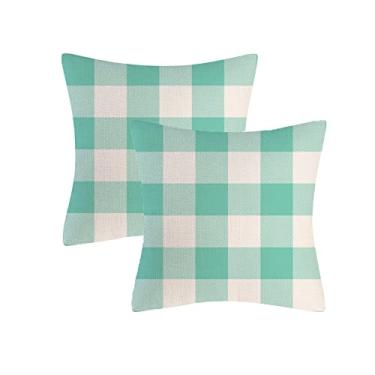 Imagem de AHAHM Fronhas xadrez xadrez rústico aqua e branco buffalo, casa de fazenda, capa de almofada decorativa para ambientes internos e externos, para sofá, sala de estar, quarto, 50 x 50 cm, conjunto de 2
