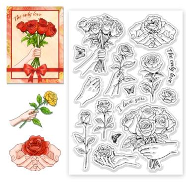 Imagem de 1 folha de carimbos transparentes de plástico PVC, estampa rosa com tema de flor, selos transparentes à mão e palavras para álbum de fotos faça você mesmo, para fazer cartões decorativos, 16 x 11 cm