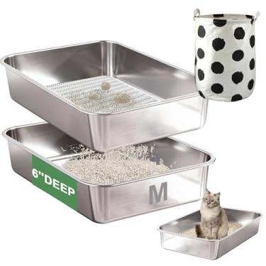 Imagem de Amibud Caixa de areia de peneiramento de aço inoxidável para areia de argila aglomerada, grande bandeja de areia de peneiramento de metal com saco de armazenamento de areia, fácil limpeza - 48 cm C x