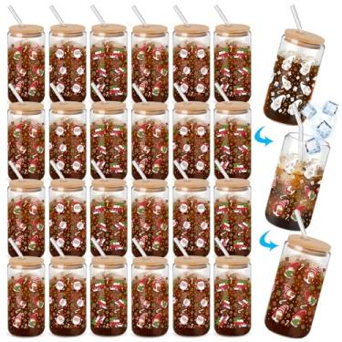 Imagem de Potchen 24 peças de copos de mudança de cor de Natal com tampas e canudos 473 ml Copos de vidro de Natal copo de café gelado de Natal pode moldar copos para decoração de lembrancinhas de festa de