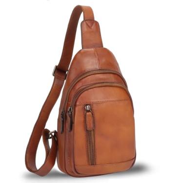 Imagem de Bolsa tiracolo de couro legítimo para ombro no peito Crossbody casual mochila de caminhada vintage feita à mão, Marrom, M