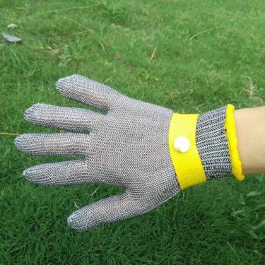 Imagem de Luvas resistentes a cortes, luvas de segurança de malha de arame de aço inoxidável com alça de pulso amarela, proteção de mão de metal para cozinha, açougueiro, corte de carne, pacote com 1