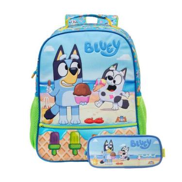 Imagem de Kit Mochila De Costas Bluey Escolar E Estojo Duplo Infantil Cor:Azul, 