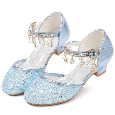 Imagem de Furdeour Sapatos sociais para meninas, princesa, cristal, salto alto, bico fechado, festa, casamento, flores, meninas, crianças, crianças pequenas e grandes, Azul-claro, 12 Little Kid
