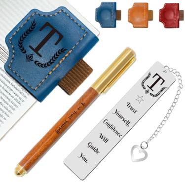 Imagem de Marcador de livro personalizado com suporte de caneta, conjunto de marcadores de livro de couro magnético personalizado com canetas de madeira personalizadas e marcador de livro de metal – para