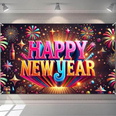 Imagem de BlissYard Banner de Feliz Ano Novo 2026 Pano de fundo colorido de festa de fogos de artifício 188 x 109 cm brilhante para decoração de parede para festa de véspera de Ano Novo banner de cabine de
