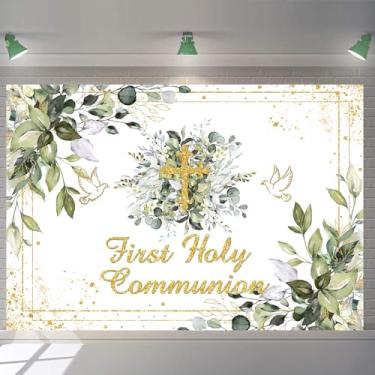 Imagem de Pano de fundo First Holy Communion 2,1 x 1,5 m Greenery God Bless Batismo Pano de fundo Cerimônia de Confirmação de Batizado Cerimônia de Confirmação de Chá de Bebê Recém-nascido Decoração de Festa