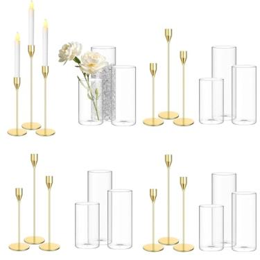 Imagem de Sieral 12 conjuntos de castiçais dourados cônicos de vidro cilíndrico, suportes de castiçal para velas de 0,9 cm de espessura, 15,5 cm, vaso de flores transparente de 15,5 cm de altura para mesa de