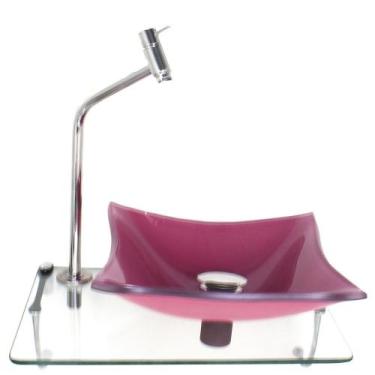 Imagem de Kit cuba de vidro quadrada 10mm rosa com tampo 40cm incolor e suporte 