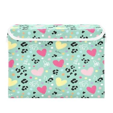 Imagem de Wassud Cestos de armazenamento dobráveis com tampas, corações de arco-íris de leopardo, cestas organizadoras de tecido dobráveis para armário, decoração sazonal de casa 40 x 30 x 30 cm