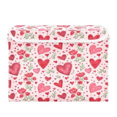 Imagem de Wassud Cestos de armazenamento dobráveis com tampas, corações e flores, cestas organizadoras de tecido dobrável para armário, decoração sazonal de casa 40 x 30 x 30 cm