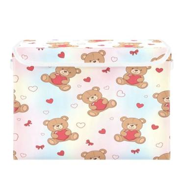 Imagem de Wassud Cestos de armazenamento dobráveis com tampas, corações, ursos marrons, cestas organizadoras de tecido dobrável para armário, decoração sazonal de casa 41,5 x 32,5 x 30,8 cm