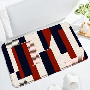Imagem de JWJAMM Tapete de banho listrado vermelho preto moderno abstrato geométrico simples meados do século estética vintage moda banheiro cozinha tapete de espuma de memória, 43 x 74 cm