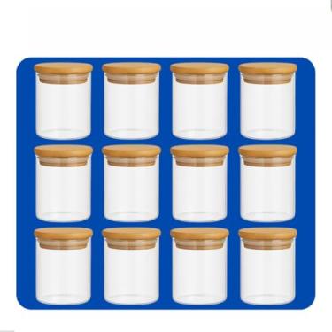 Imagem de Kit 12 Potes de Vidro 200ml com Tampa de Bambu Hermética para Mantimentos, Condimentos e Armazenamento Empilhável na Cozinha (12 Potes)